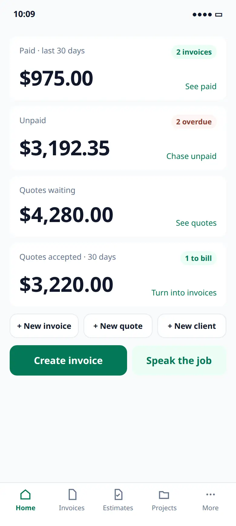 Home showing paid, unpaid, quotes waiting and quotes accepted