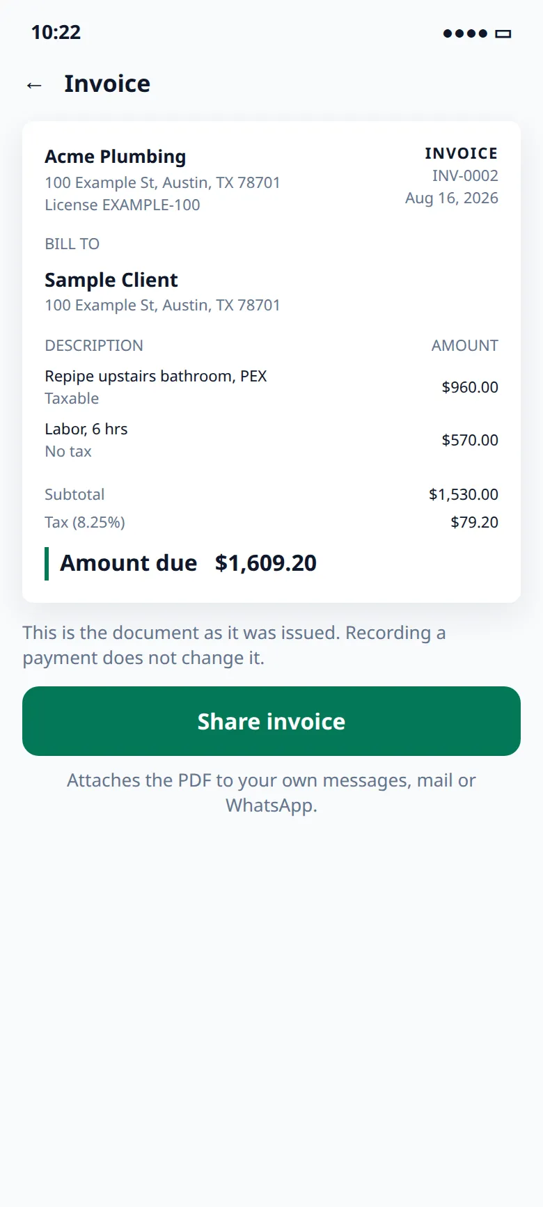 Share the invoice PDF, with letterhead, per-line tax and the amount due