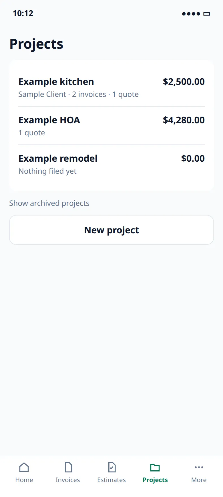 Projects list showing Example kitchen and Example HOA with billed totals
