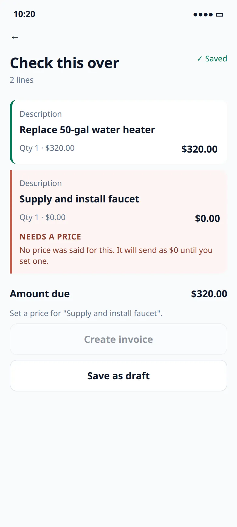 On review, one line is priced and the faucet is flagged Needs a price